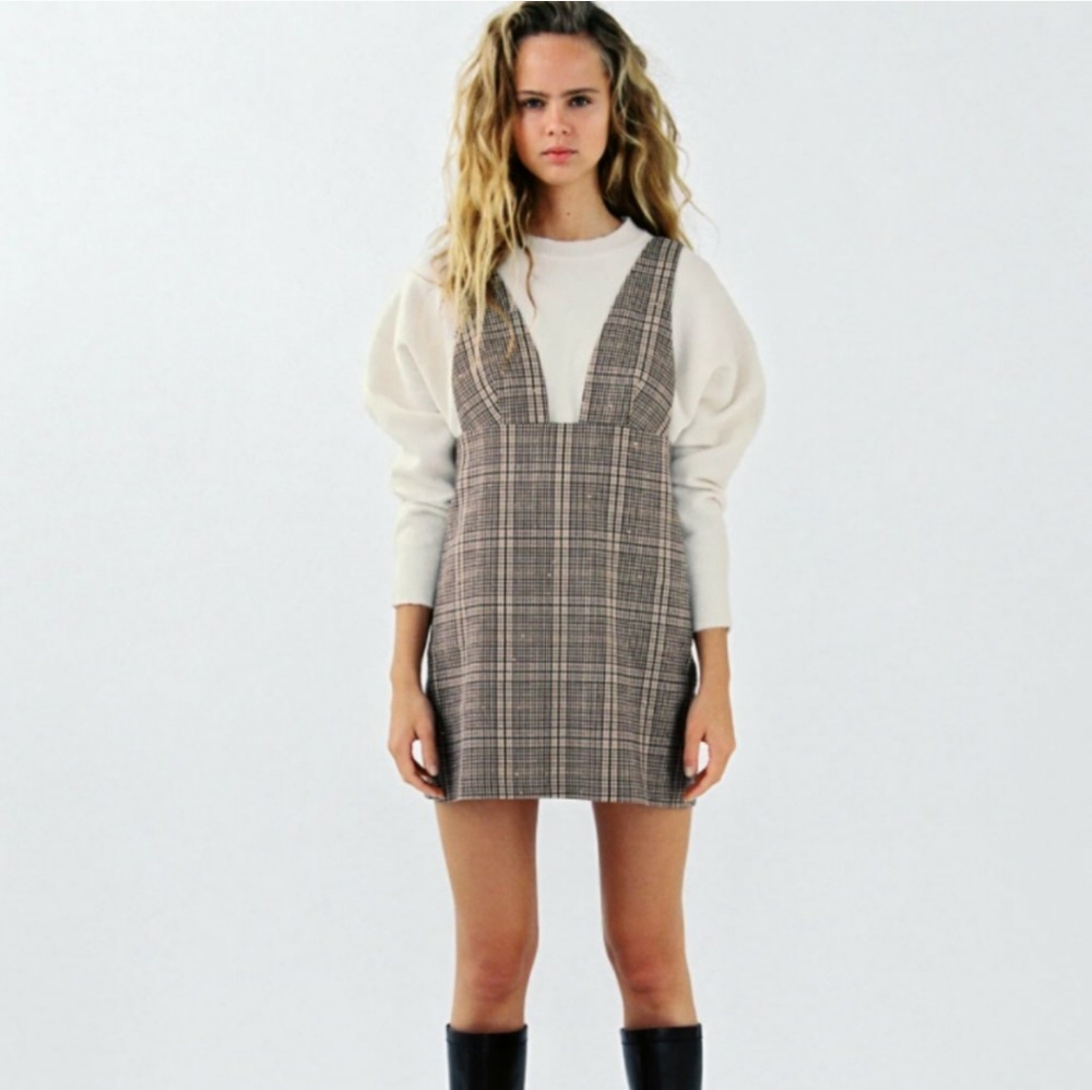 zara pinafore jumper dress / size small / gold detail on plaid